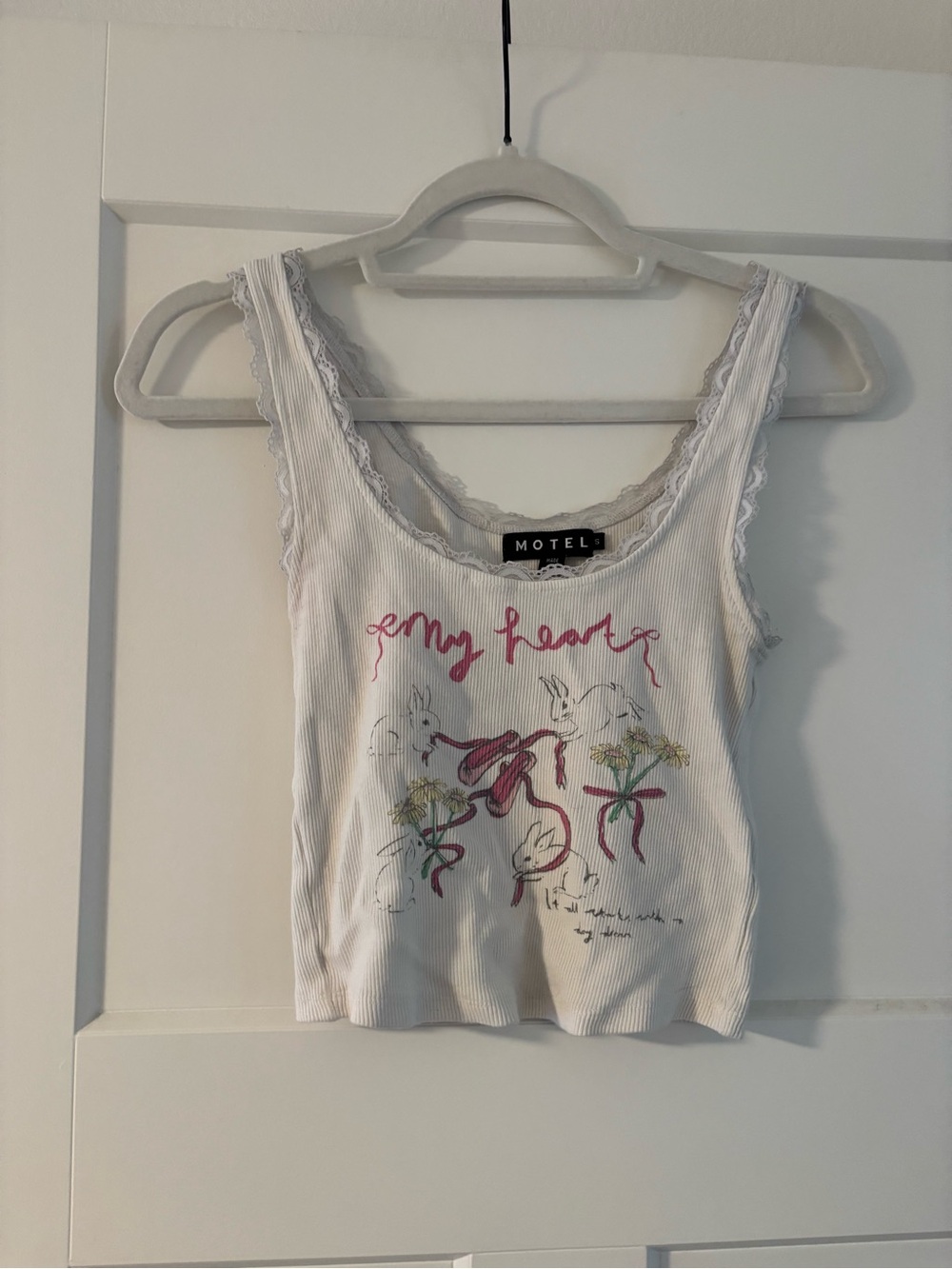 Motel Rocks White Ribbed Lace-Trim Tank with Pink Script